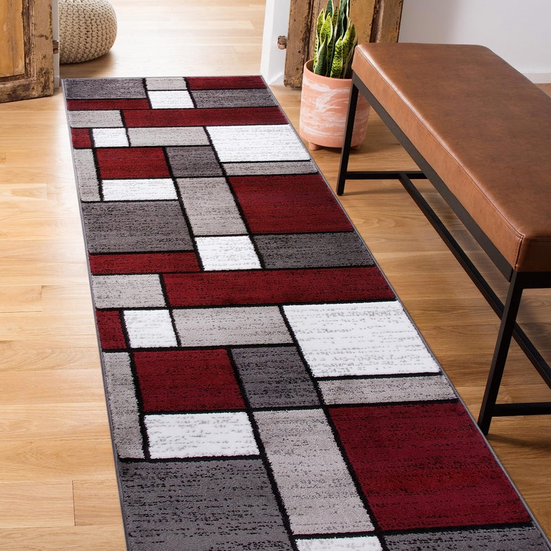 Rugshop Modern Geometric Boxes Red Area Rug, Carpet with Jute Backing for Hallway, Entryway, or Laundry Room, 2' x 7'2" - Image 1